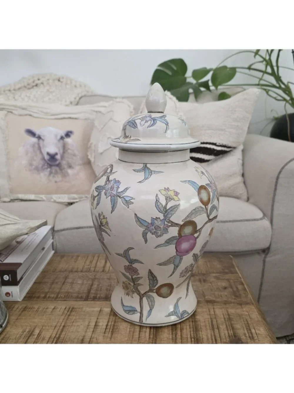 Vintage Chinoiserie Porcelain Ginger Jar Hand Painted Peach Flowers 14.5